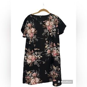 Womens Black Floral Round Neck Batwing Sleeve Tunic Dress Short Small‎ spring